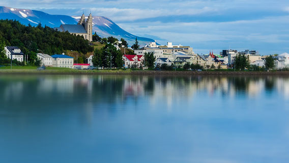 Reflections on the water in Akureyri, North Iceland.