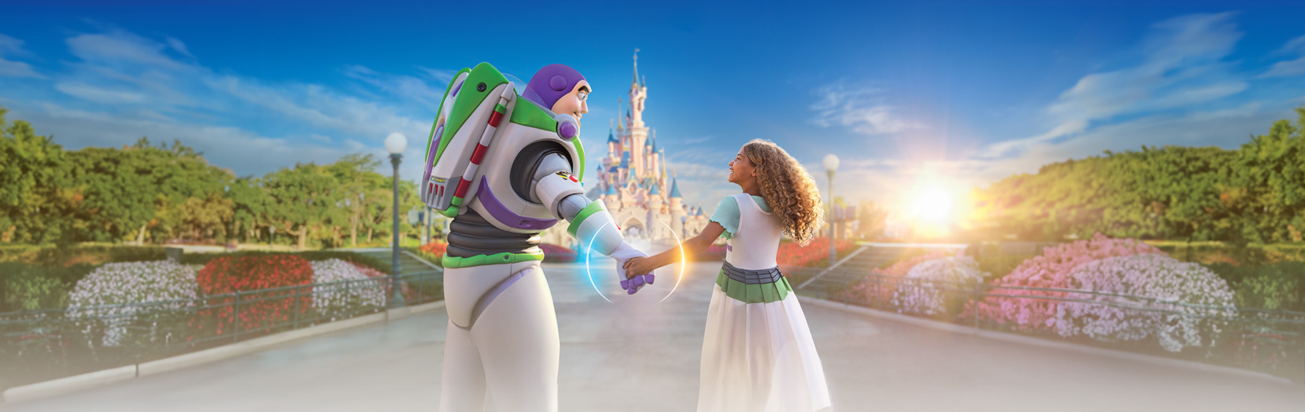 Buzz Lightyear and girl on mainstreet at Disneyland