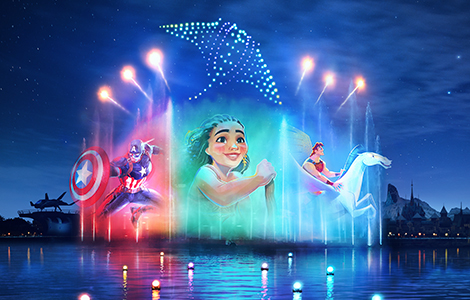 The new nighttime show, Disney Cascade of Lights, illuminating Adventure Bay with fireworks, water screen projections, drone displays and visual effects.