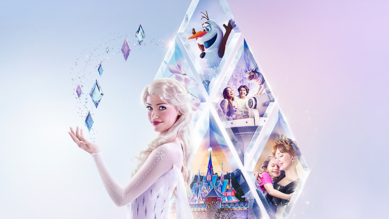 Elsa using her magic powers next to an Icicle collage showing World of Frozen experiences