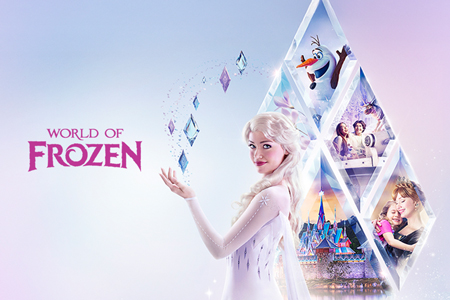 Elsa using her magic powers next to an icicle collage showing World of Frozen experiences