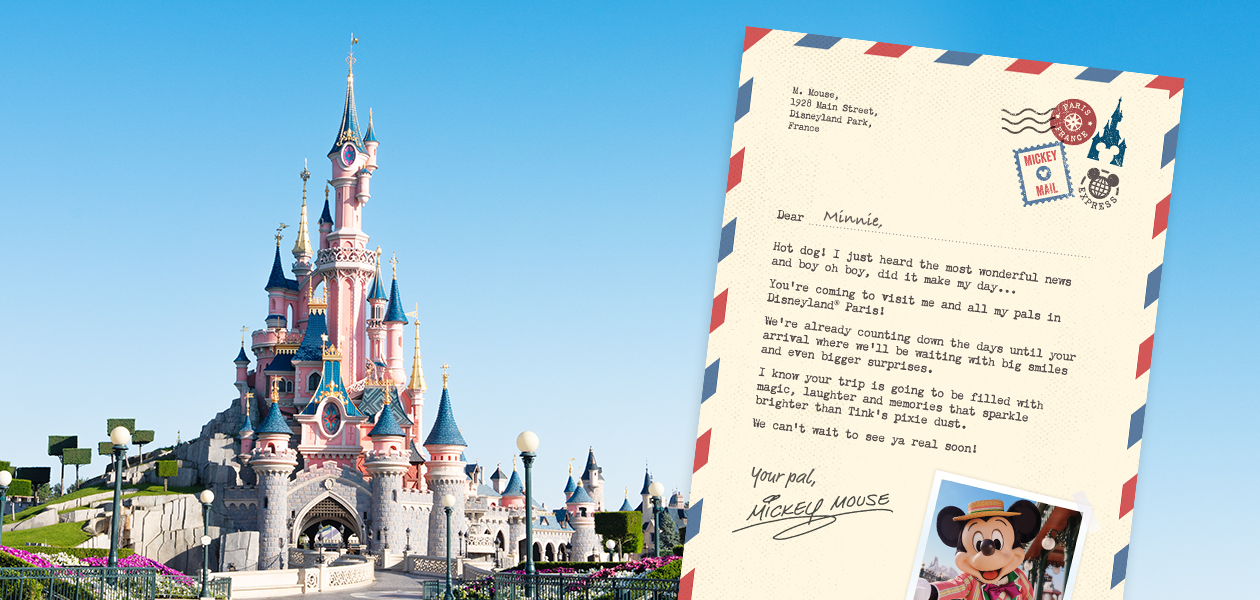 Personalised letter from Mickey Mouse revealing a trip to Disneyland Paris, with Sleeping Beauty Castle in the background.