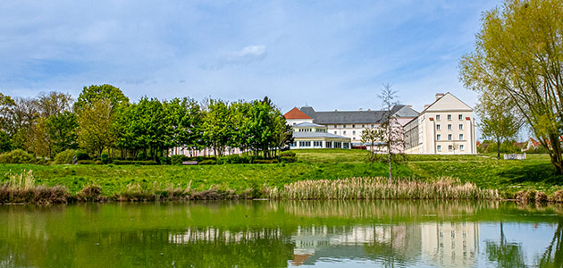 B&B Hotel gardens and lake.