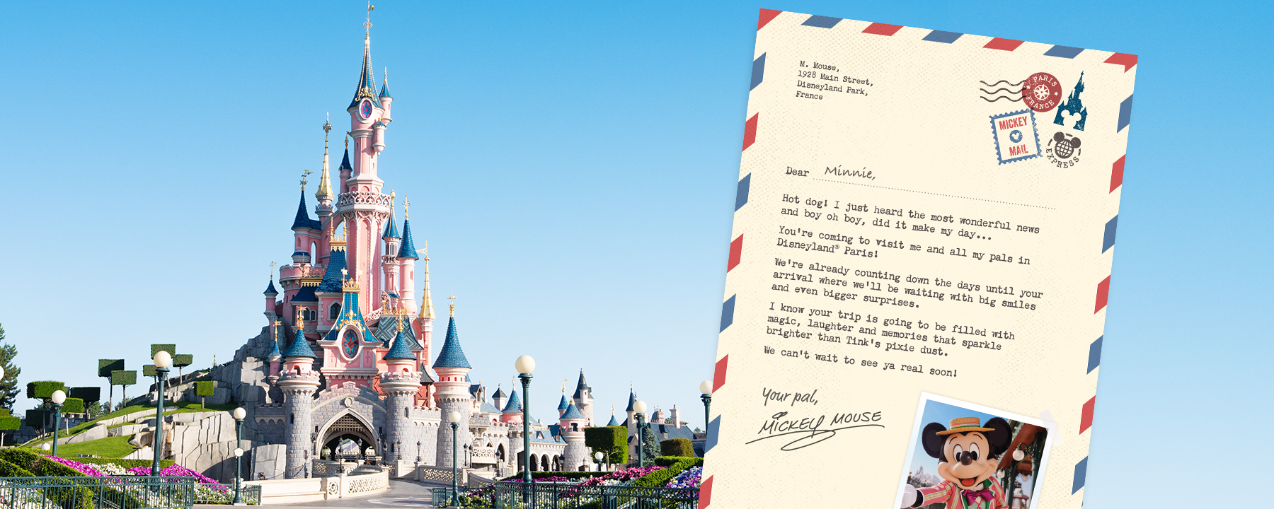 Personalised letter from Mickey Mouse revealing a trip to Disneyland Paris, with Sleeping Beauty Castle in the background.