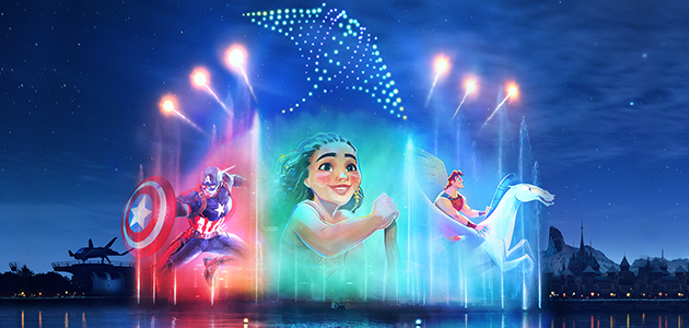 The new nighttime show, Disney Cascade of Lights, illuminating Adventure Bay with fireworks, water screen projections, drone displays and visual effects.
Image Caption: Watch in awe as Disney Cascade of Lights illuminates Adventure Way.