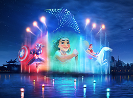 The new nighttime show, Disney Cascade of Lights, illuminating Adventure Bay with fireworks, water screen projections, drone displays and visual effects.