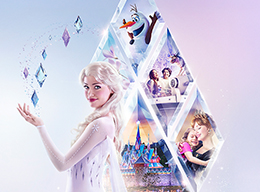 Elsa using her magic powers next to an Icicle collage showing World of Frozen experiences