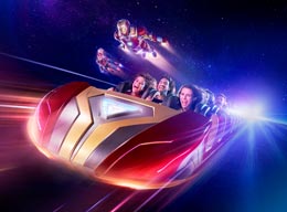 Guests on high-speed attraction Avengers Assemble: Flight Force in Marvel Avengers Campus