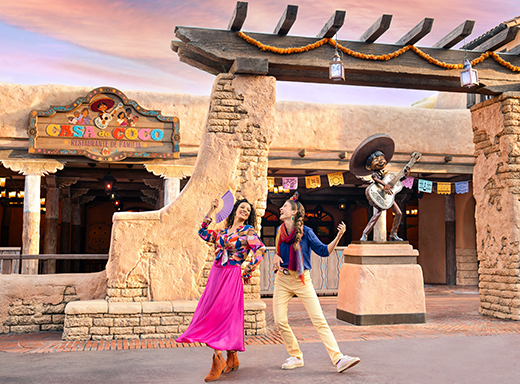 Guests in front of Casa de Coco, Pixar Coco-inspired restaurant