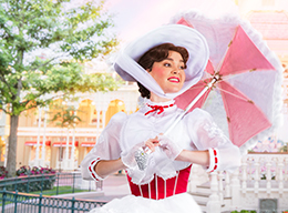 Mary Poppins holding umbrella in Disneyland Park