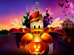 Donald Duck in a Halloween costume standing behind a glowing pumpkin cauldron, with Maleficent and the Evil Queen in a spooky background