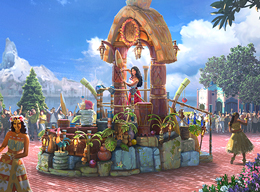 Art concept of the daytime Disney Princesses Cavalcade around the lake of Adventure Way in Disney Adventure World
