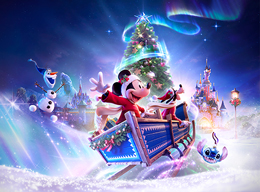 Illustration of Mickey and Goofy on a festive sleigh in a snowy landscape with World of Frozen and Sleeping Beauty Castle in the background.