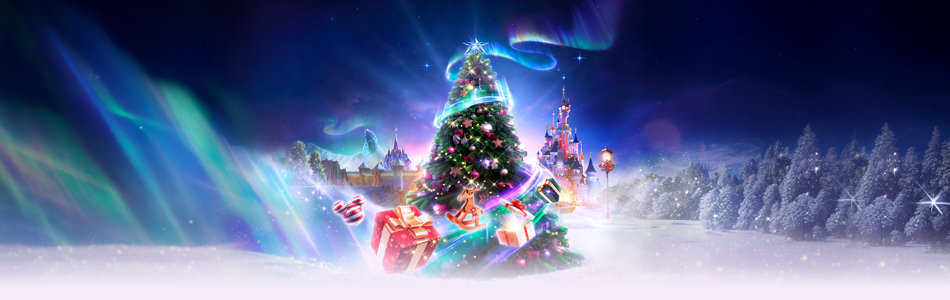 Illustration of a decorated Christmas tree surrounded by presents, with World of Frozen and Sleeping Beauty Castle in the background