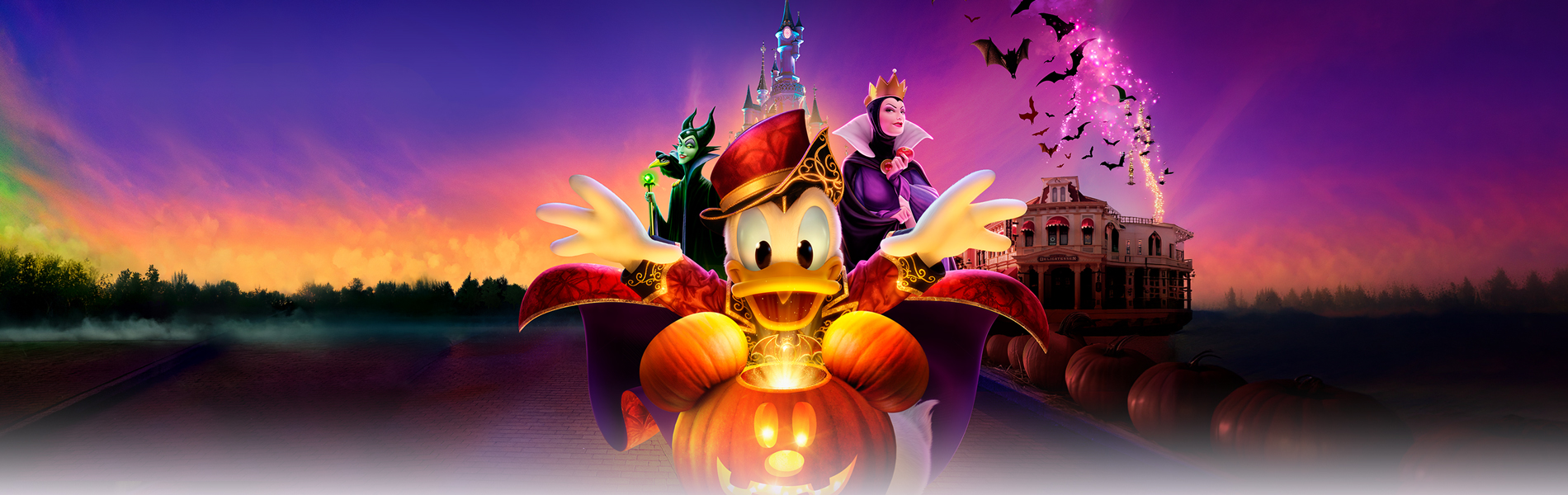 Donald Duck in a Halloween costume standing behind a glowing pumpkin cauldron, with Maleficent and the Evil Queen in a spooky background