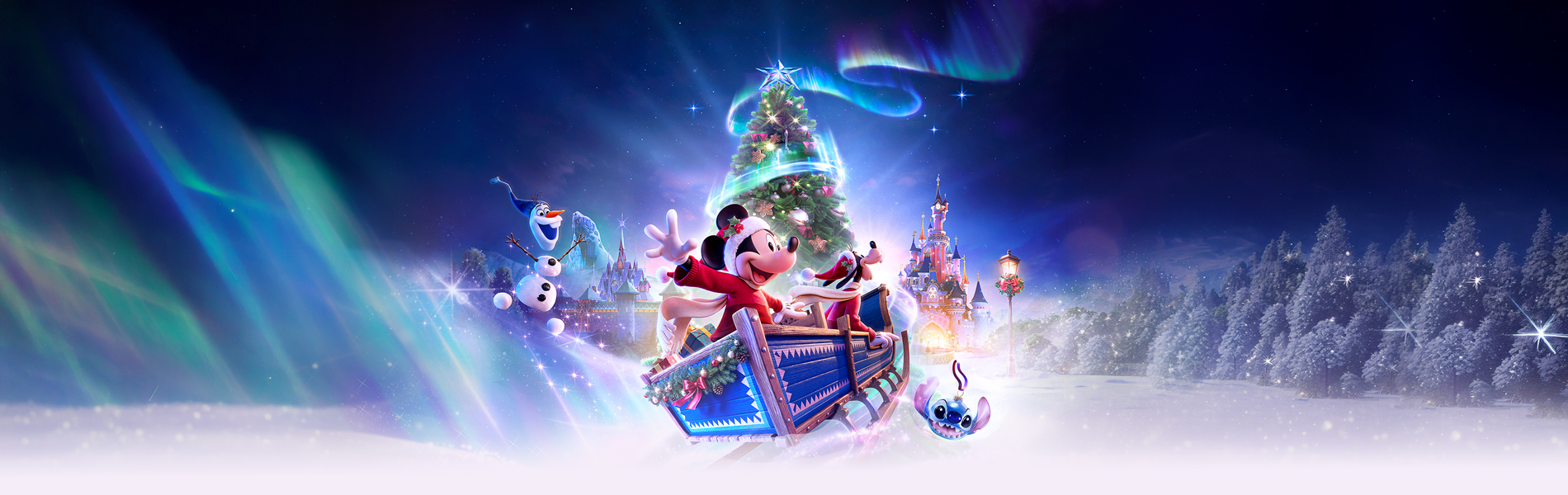 Illustration of Mickey and Goofy on a festive sleigh in a snowy landscape with World of Frozen and Sleeping Beauty Castle in the background