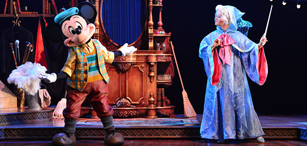 Mickey and Fairy Godmother onstage at Mickey and the Magician!