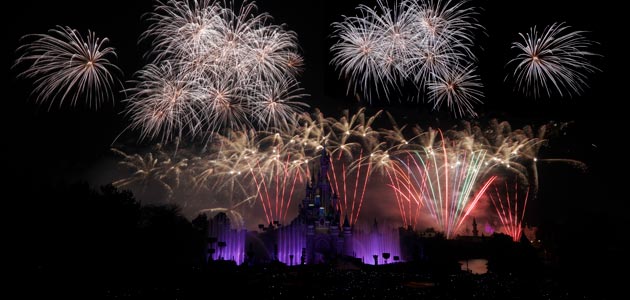 Fireworks over Sleeping Beauty Castle.