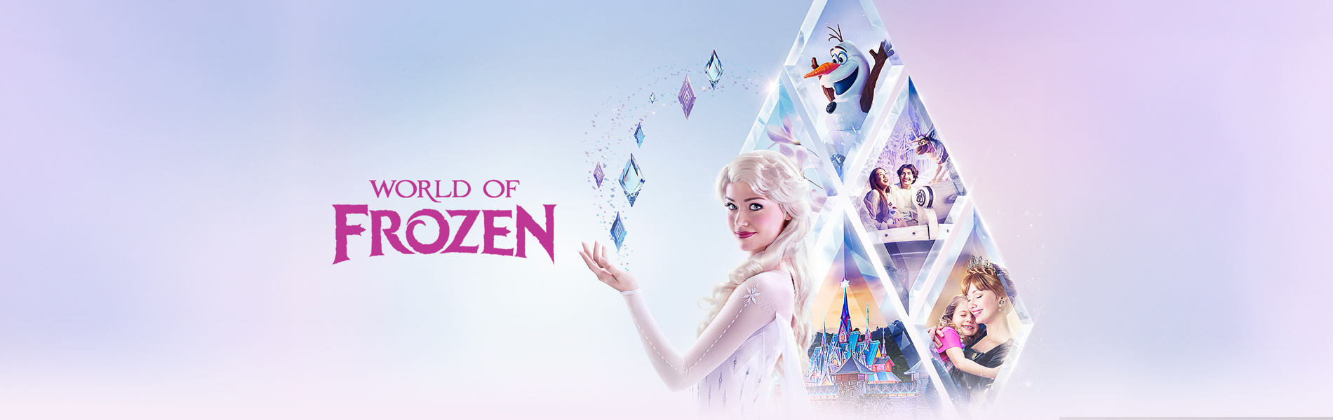 Elsa using her magic powers next to an Icicle collage showing World of Frozen experiences