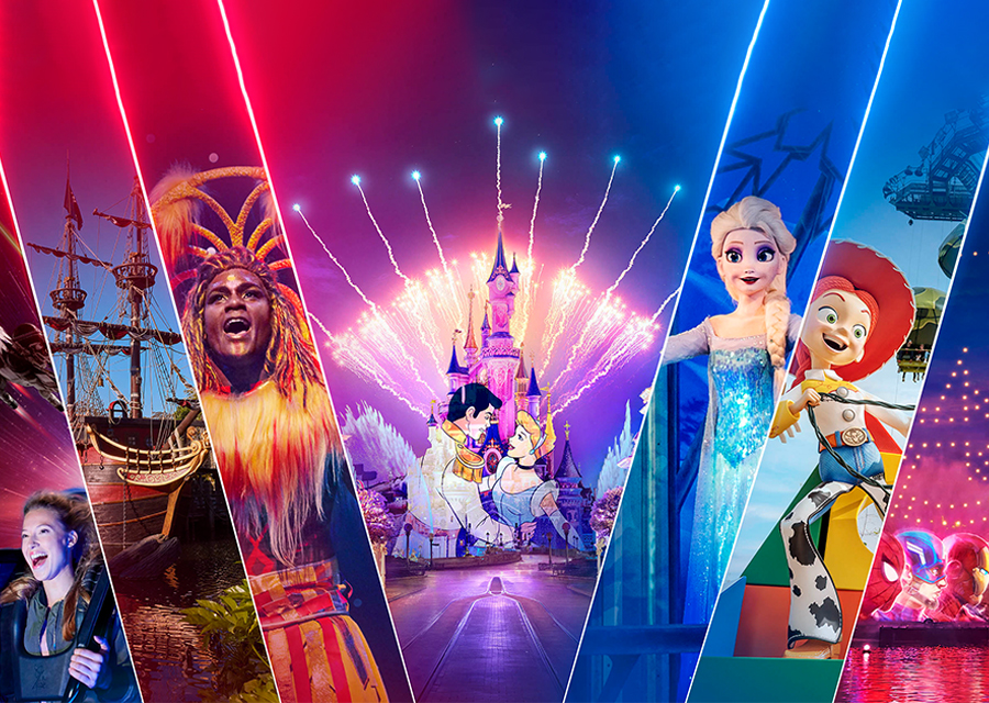 Collage featuring Sleeping Beauty Castle, attractions, shows and other highlights from Disneyland Park and Disney Adventure World at Disneyland Paris.