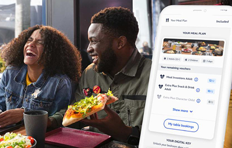 Friends enjoying dining at Disneyland Paris alongside Disneyland Paris app showing voucher usage.