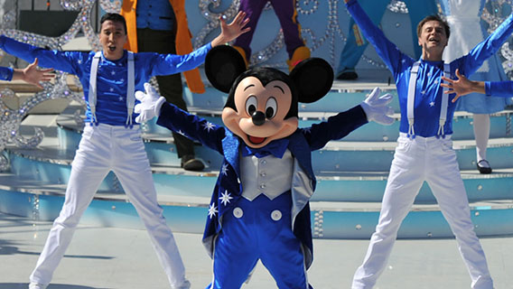 Mickey Mouse and performers during the Happy Anniversary Disneyland Paris show.