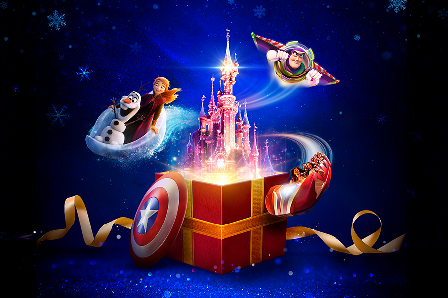 Disney Characters surrounding Sleeping Beauty Castle, emerging from a glowing gift box against a snowy blue background.