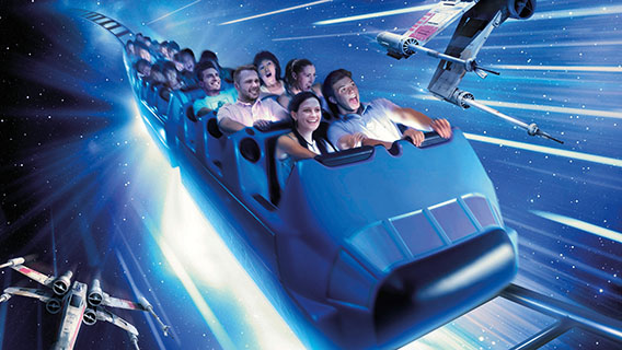 Enjoy Space Mountain with a Star Wars twist in Star Wars Hyperspace Mountain.