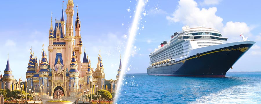 Cinderella castle and Disney cruise ship