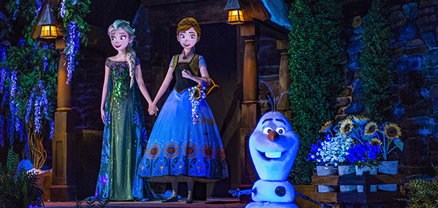 Elsa, Anna and Olaf in Frozen Ever After at Epcot.