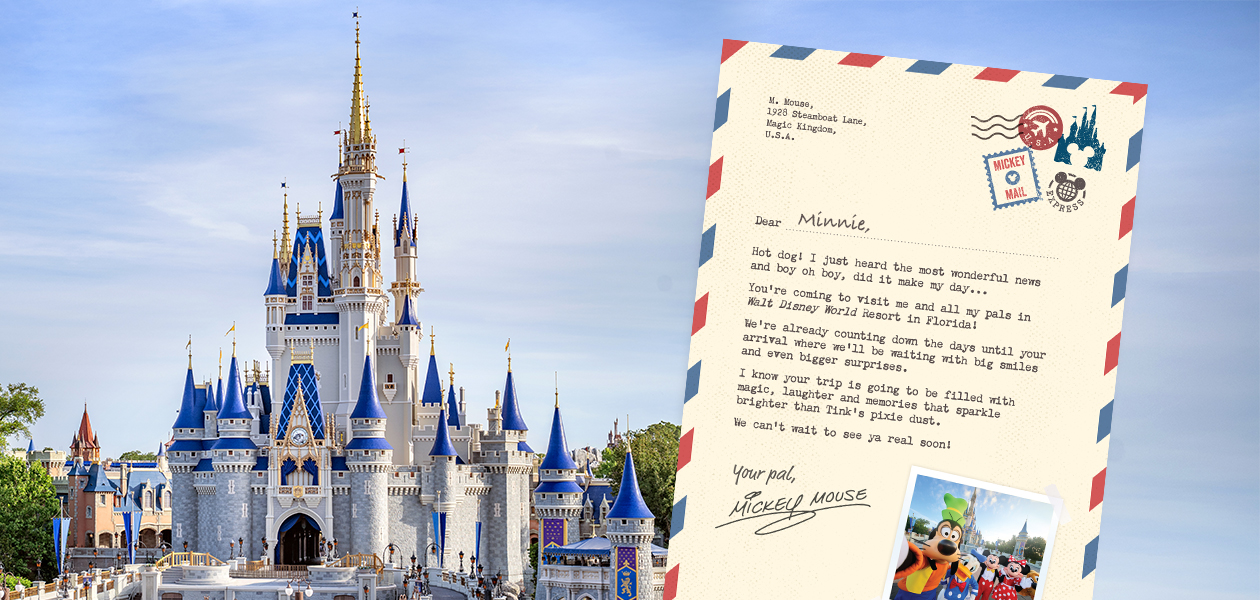 Personalised letter from Mickey Mouse revealing a trip to Walt Disney World, with Cinderella Castle in the background.