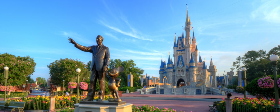 Partners statue in front of Cinderella Castle at Magic Kingdom Park.