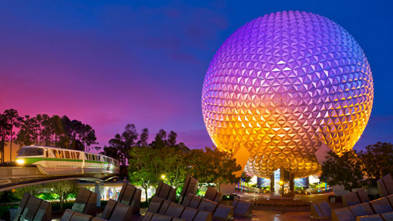 Spaceship Earth in Epcot by night